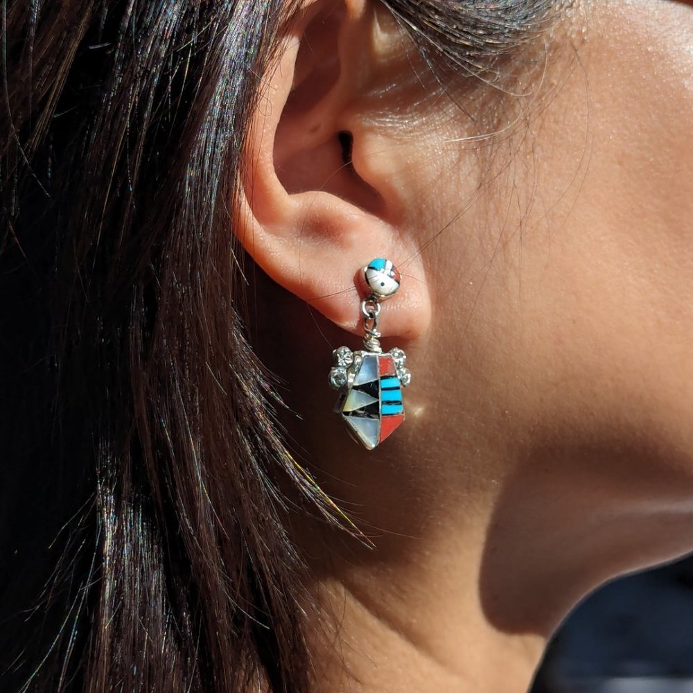 Zuni Earring Multi‎ Stones Sterling Silver Inlay Native American Jewelry ***